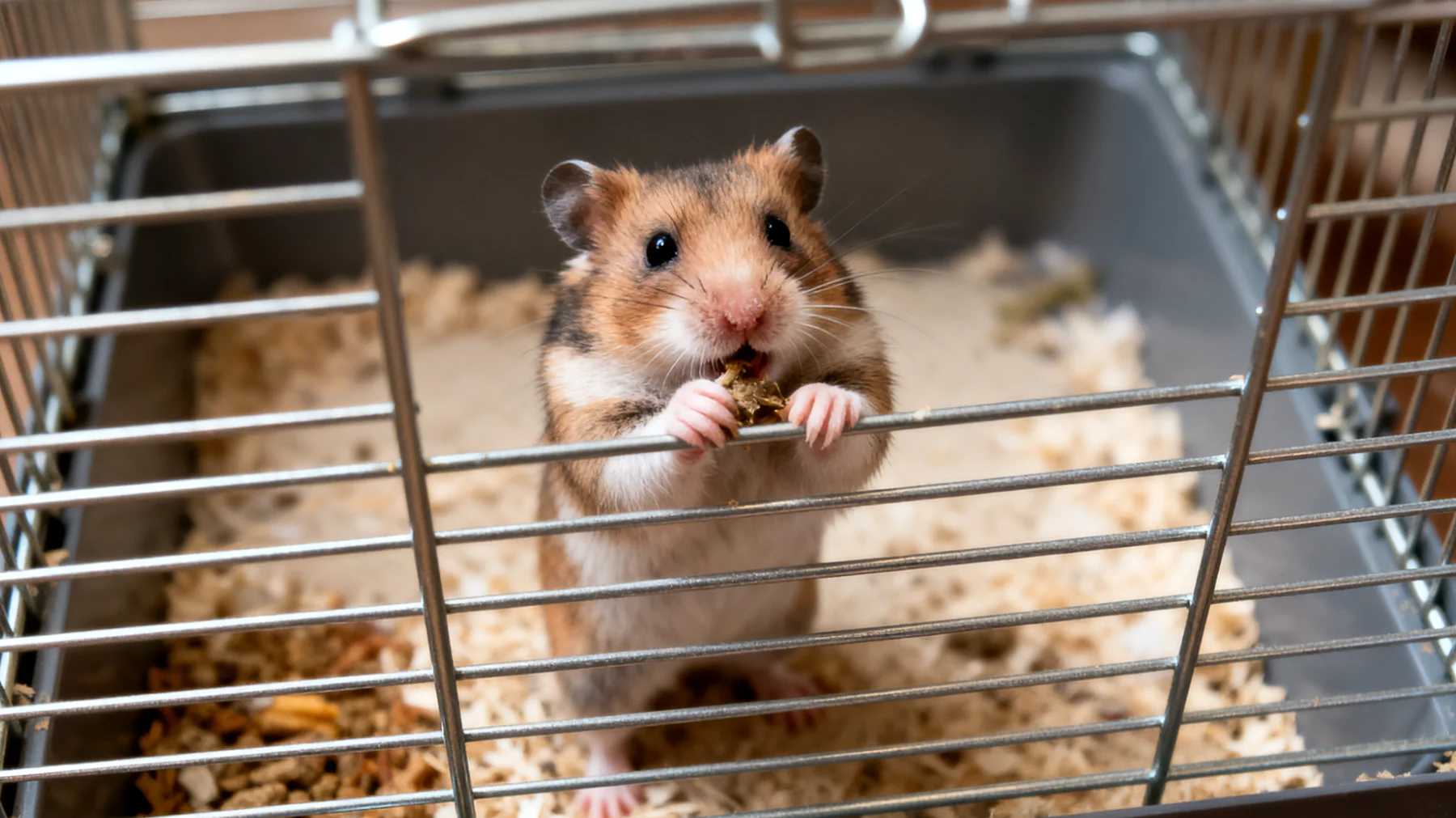 Hamster in Wohnungshaltung zeigen häufig Verhaltensauffälligkeiten wie Gitternagen, stereotype Bewegungen oder Lethargie aufgrund von zu kleinen Käfigen, ungeeigneter Einstreu oder fehlenden Grabmöglichkeiten"