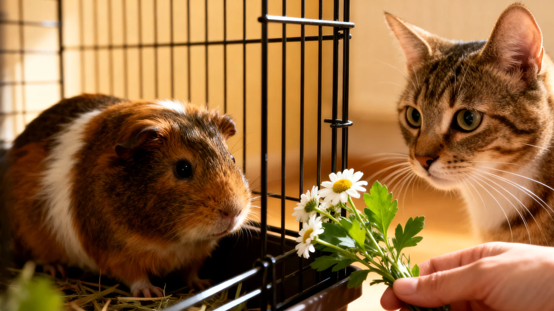 Meerschweinchen zeigt Anzeichen von Stress oder Unwohlsein beim Zusammenleben mit anderen Tieren im Haushalt, und der Besitzer sucht nach natürlichen Hausmitteln zur Beruhigung und Stressreduktion"