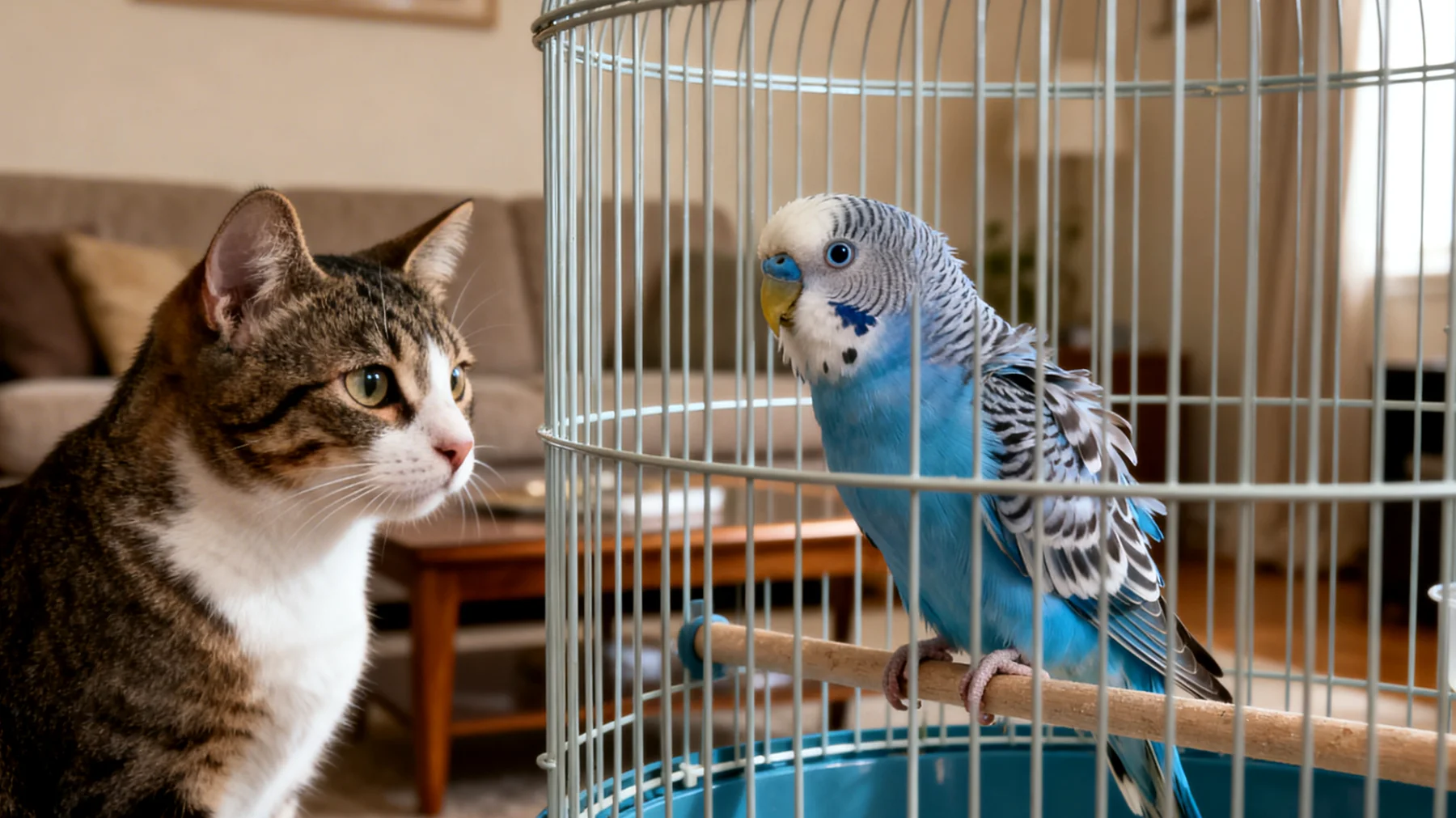 Wellensittiche zeigen aggressives Verhalten oder Stress beim Zusammenleben mit anderen Haustieren wie Katzen oder Hunden, die als natürliche Feinde wahrgenommen werden"